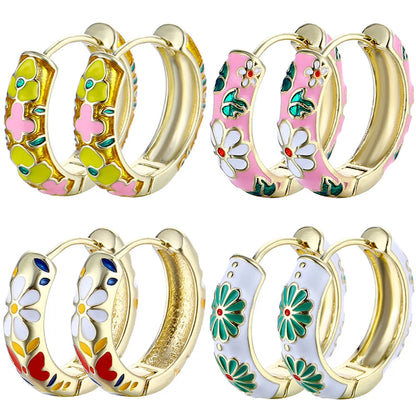 1 Pair Sweet Flower Enamel Plating Copper 18k Gold Plated Hoop Earrings