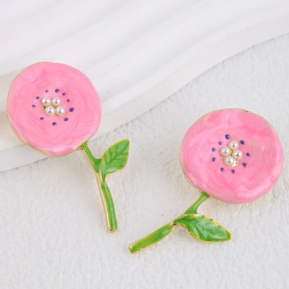 1 Pair Sweet Flower Enamel Plating Zinc Alloy Artificial Pearls Ear Studs