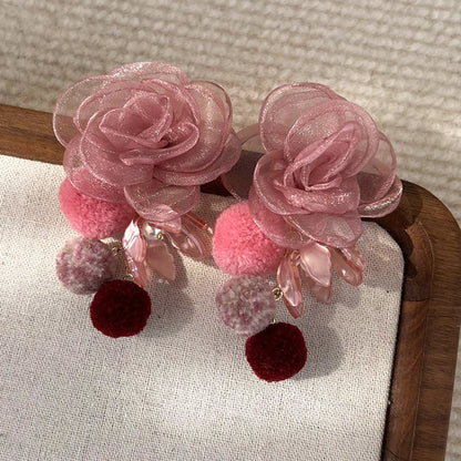 1 Pair Sweet Flower Hairball Gauze Drop Earrings