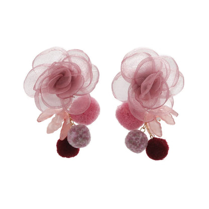 1 Pair Sweet Flower Hairball Gauze Drop Earrings