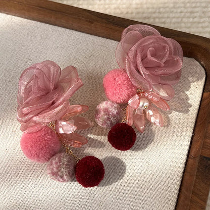 1 Pair Sweet Flower Hairball Gauze Drop Earrings