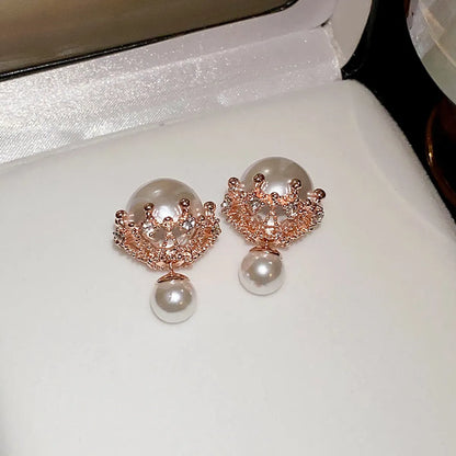 1 Pair Sweet Flower Inlay Alloy Artificial Pearls Artificial Diamond Drop Earrings Ear Studs