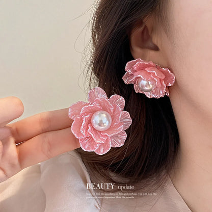 1 Pair Sweet Flower Inlay Alloy Artificial Pearls Artificial Diamond Drop Earrings Ear Studs