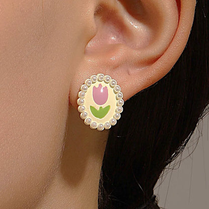 1 Pair Sweet Flower Inlay Alloy Pearl Ear Studs