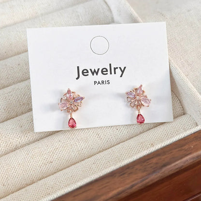 1 Pair Sweet Flower Inlay Copper Zircon Drop Earrings