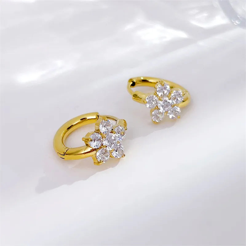 1 Pair Sweet Flower Inlay 304 Stainless Steel Zircon White Gold Plated Gold Plated Hoop Earrings