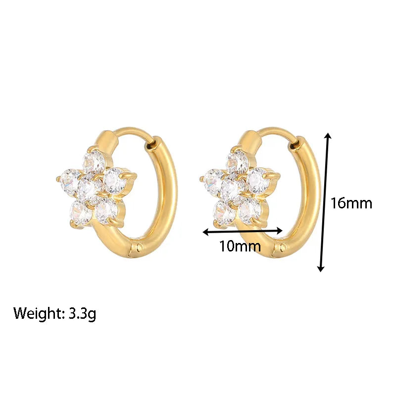 1 Pair Sweet Flower Inlay 304 Stainless Steel Zircon White Gold Plated Gold Plated Hoop Earrings