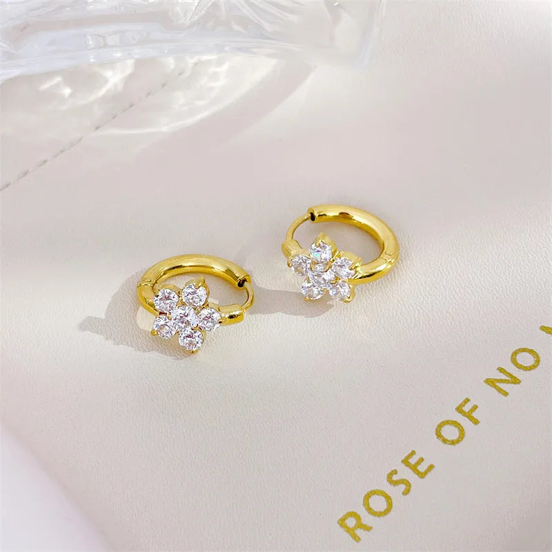 1 Pair Sweet Flower Inlay 304 Stainless Steel Zircon White Gold Plated Gold Plated Hoop Earrings