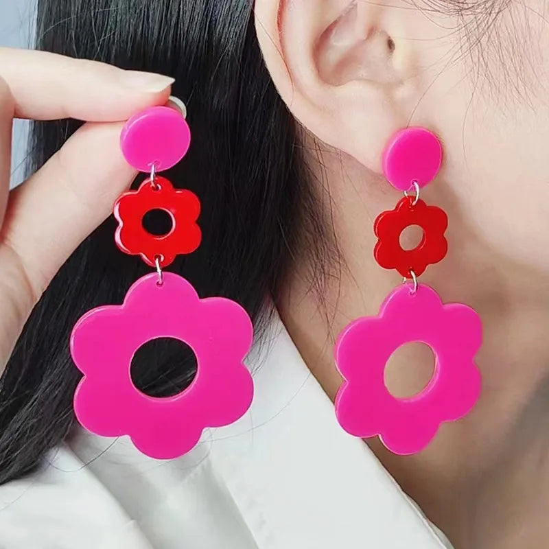 1 Pair Sweet Flower Patchwork Arylic Drop Earrings