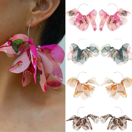 1 Pair Sweet Flower Petal Leopard Alloy Cloth Drop Earrings