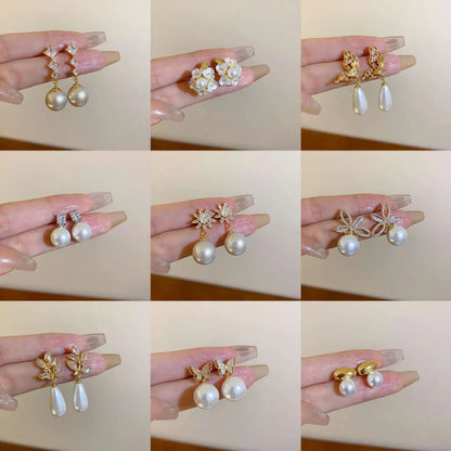 1 Pair Sweet Flower Plating Imitation Pearl Drop Earrings