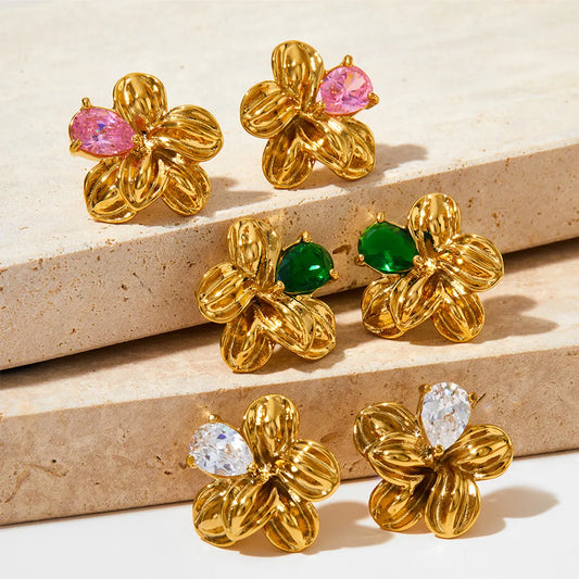 1 Pair Sweet Flower Plating Inlay 304 Stainless Steel Zircon 16K Gold Plated White Gold Plated Gold Plated Ear Studs