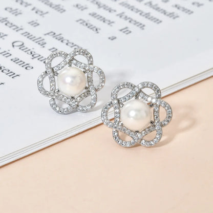 1 Pair Sweet Flower Plating Inlay Copper Artificial Pearls Zircon White Gold Plated Ear Studs