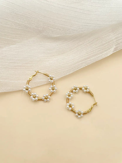 1 Pair Sweet Flower Polishing Plating 304 Stainless Steel Crystal Pearl Beads 14K Gold Plated Earrings