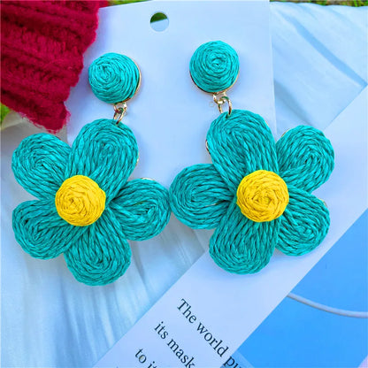 1 Pair Sweet Flower Braid Raffia Drop Earrings