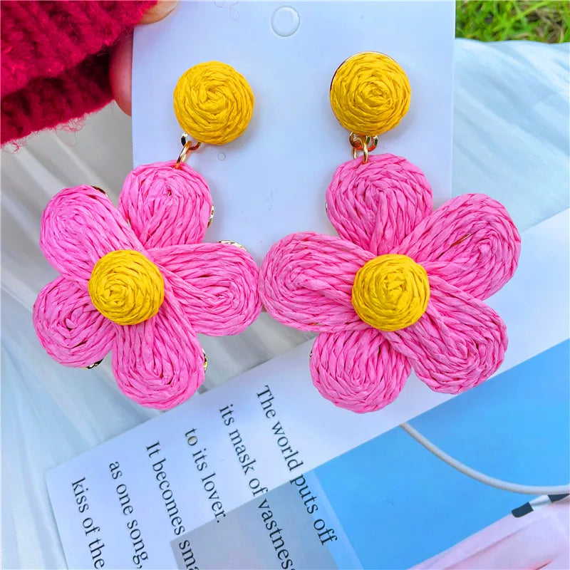 1 Pair Sweet Flower Braid Raffia Drop Earrings