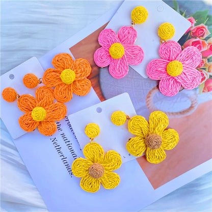 1 Pair Sweet Flower Braid Raffia Drop Earrings