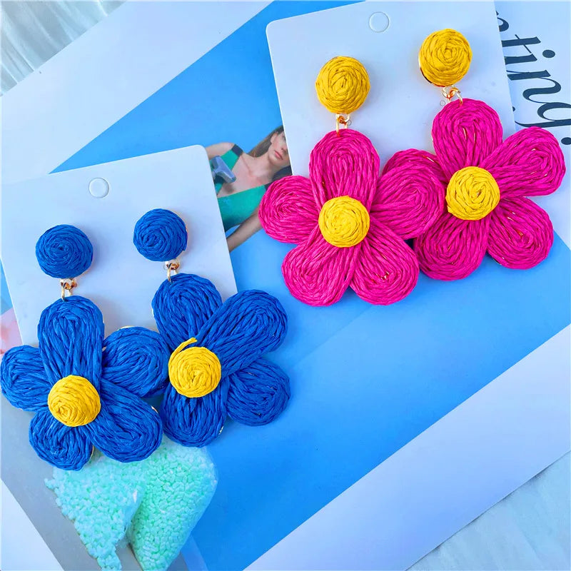 1 Pair Sweet Flower Braid Raffia Drop Earrings