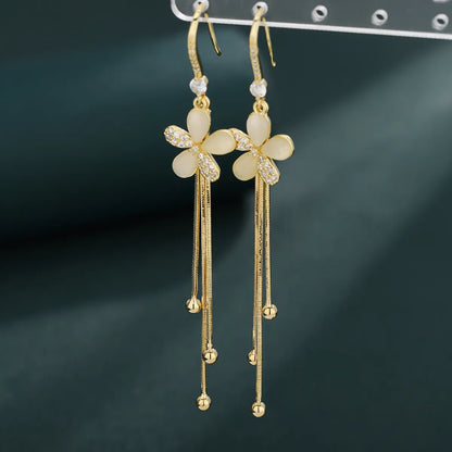 1 Pair Sweet Flower Tassel Plating Inlay Copper Zircon Drop Earrings