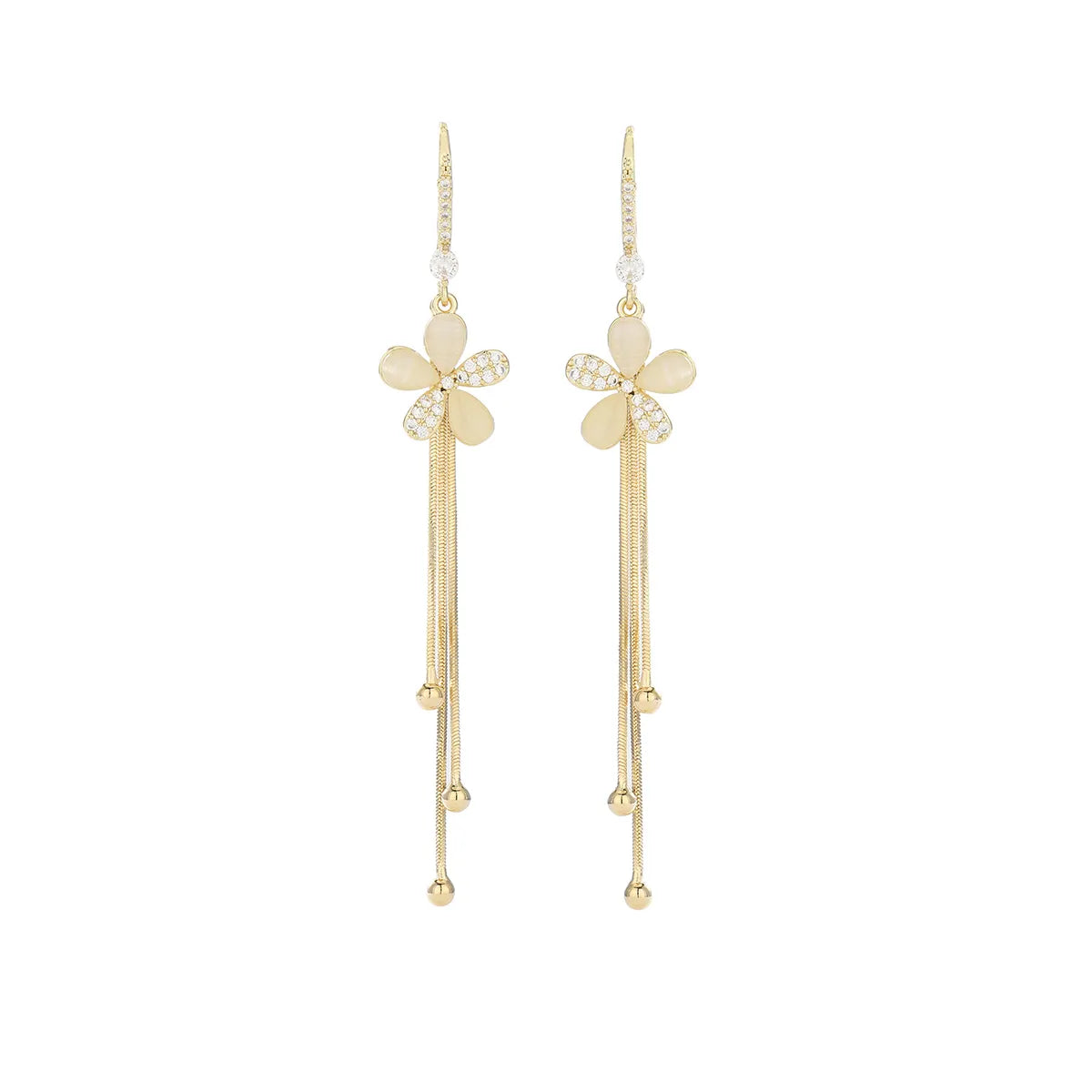 1 Pair Sweet Flower Tassel Plating Inlay Copper Zircon Drop Earrings