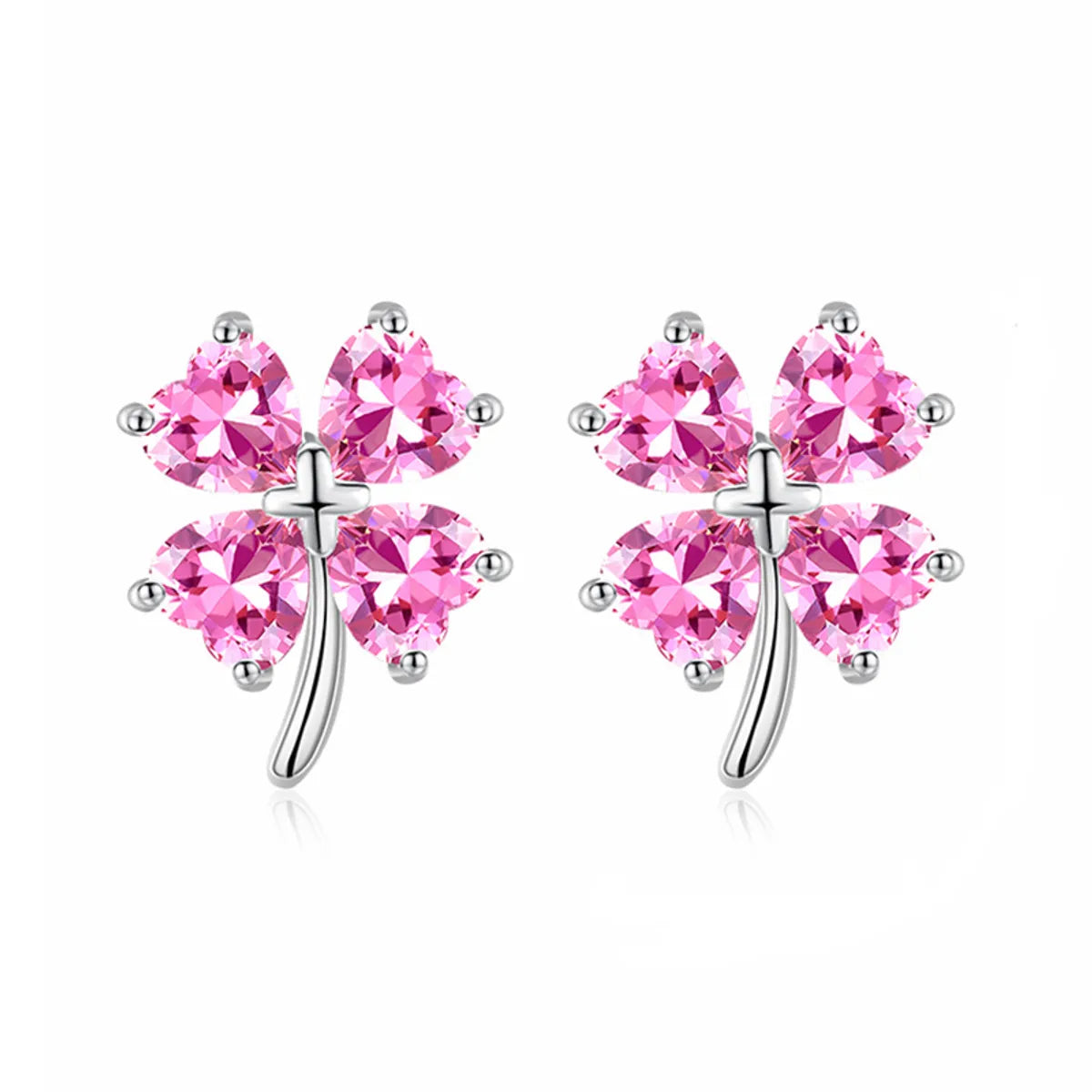 1 Pair Sweet Four Leaf Clover Sterling Silver Inlay Zircon Ear Studs