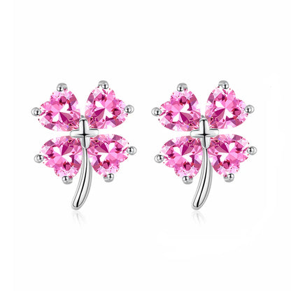 1 Pair Sweet Four Leaf Clover Sterling Silver Inlay Zircon Ear Studs