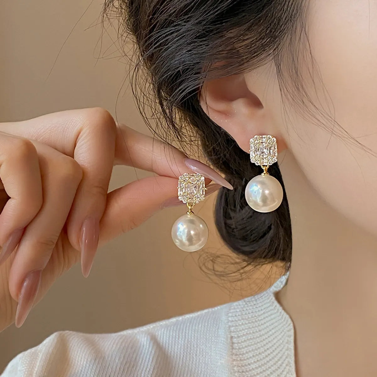 1 Pair Sweet Geometric Round Plating Imitation Pearl Drop Earrings