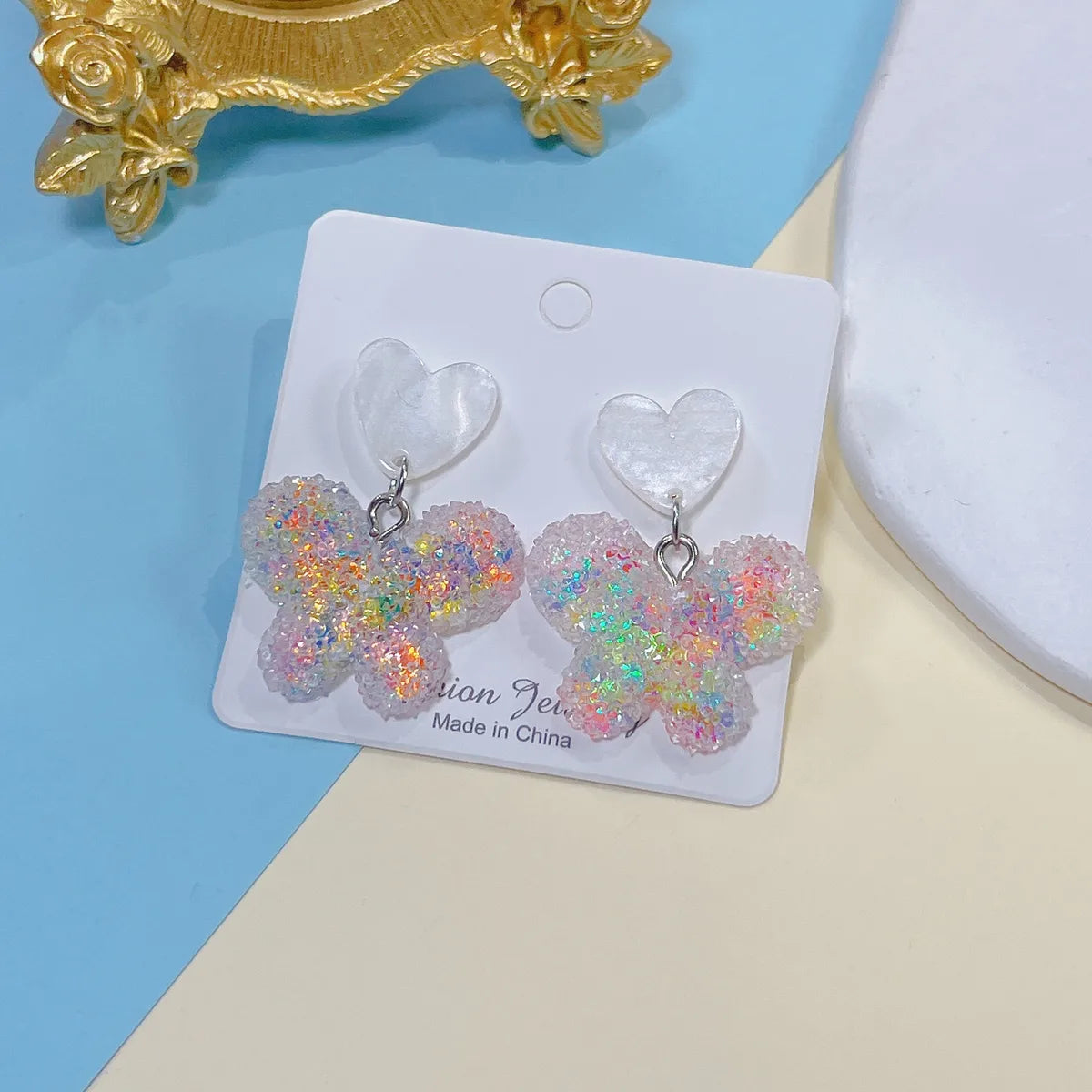 1 Pair Sweet Heart Shape Butterfly Resin Drop Earrings