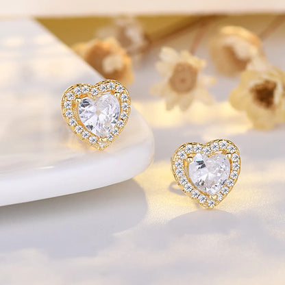 1 Pair Sweet Heart Shape Copper Inlay Zircon 14k Gold Plated Ear Studs