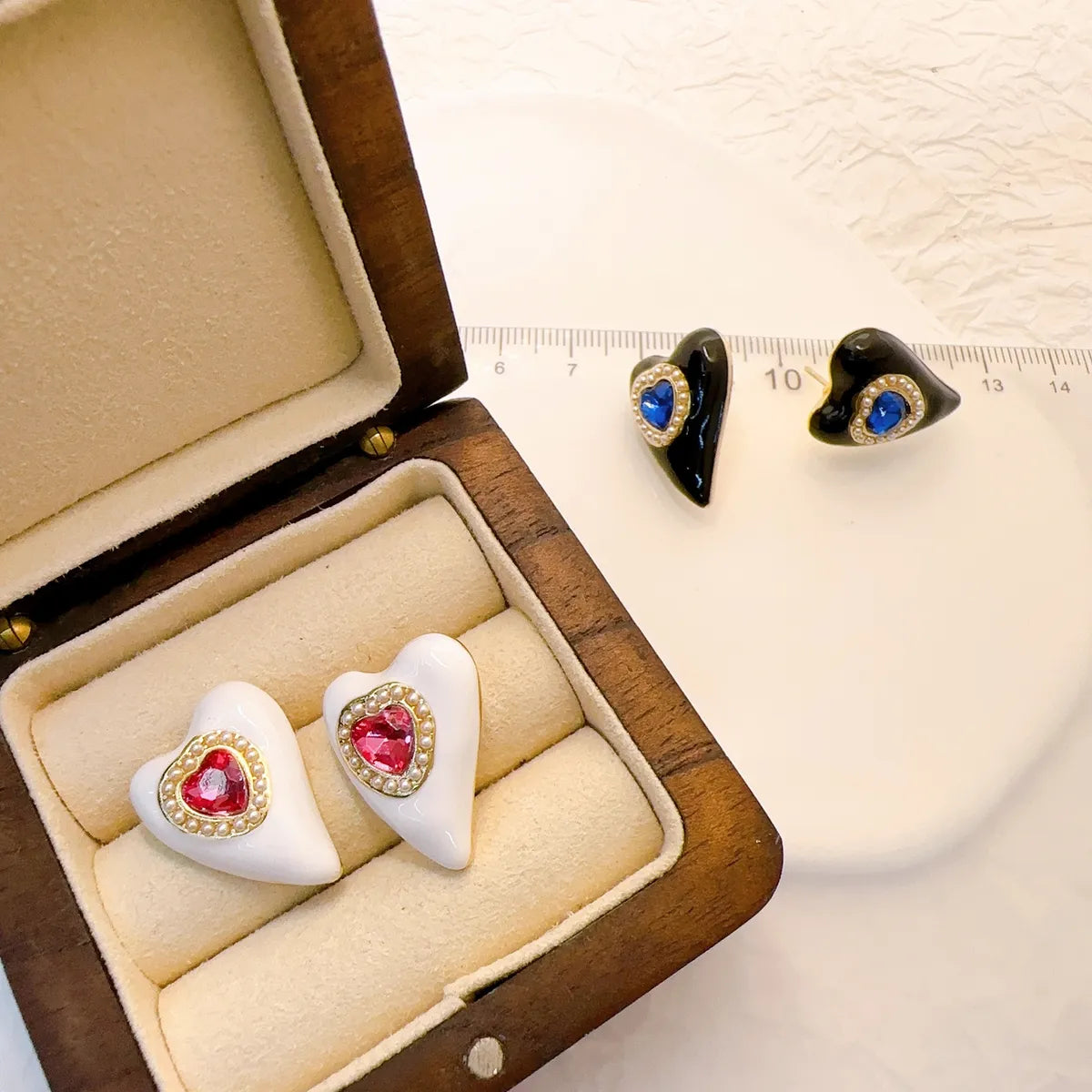 1 Pair Sweet Heart Shape Enamel Inlay Copper Zircon Ear Studs