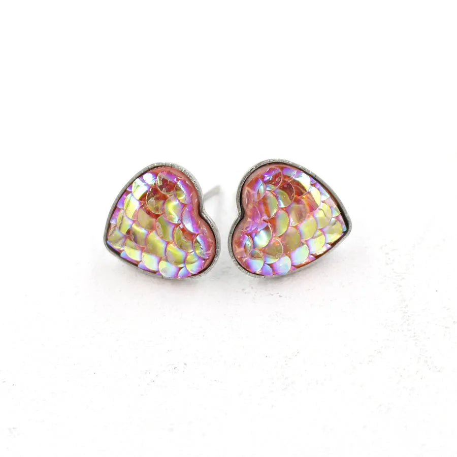 1 Pair Sweet Heart Shape Fish Scales Metal Stainless Steel Resin None Ear Studs