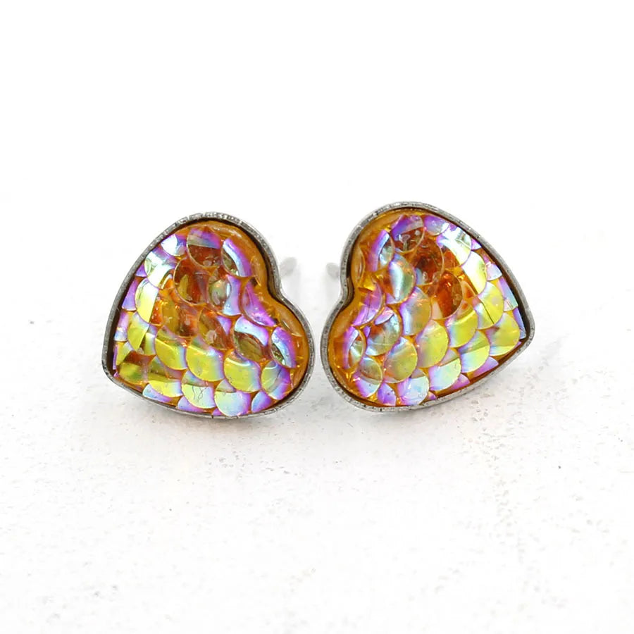 1 Pair Sweet Heart Shape Fish Scales Metal Stainless Steel Resin None Ear Studs