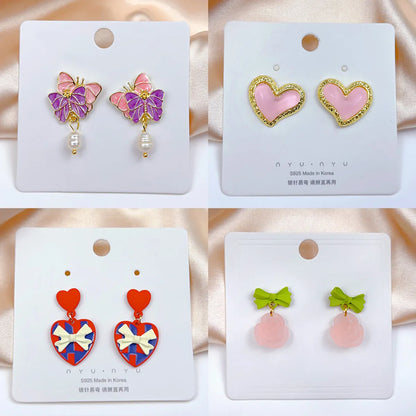 1 Pair Sweet Heart Shape Flower Butterfly Enamel Inlay Imitation Pearl Alloy Rhinestones Earrings