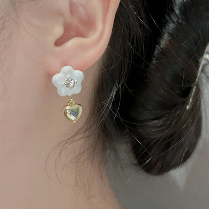 1 Pair Sweet Heart Shape Flower Enamel Plating Inlay Alloy Rhinestones Drop Earrings