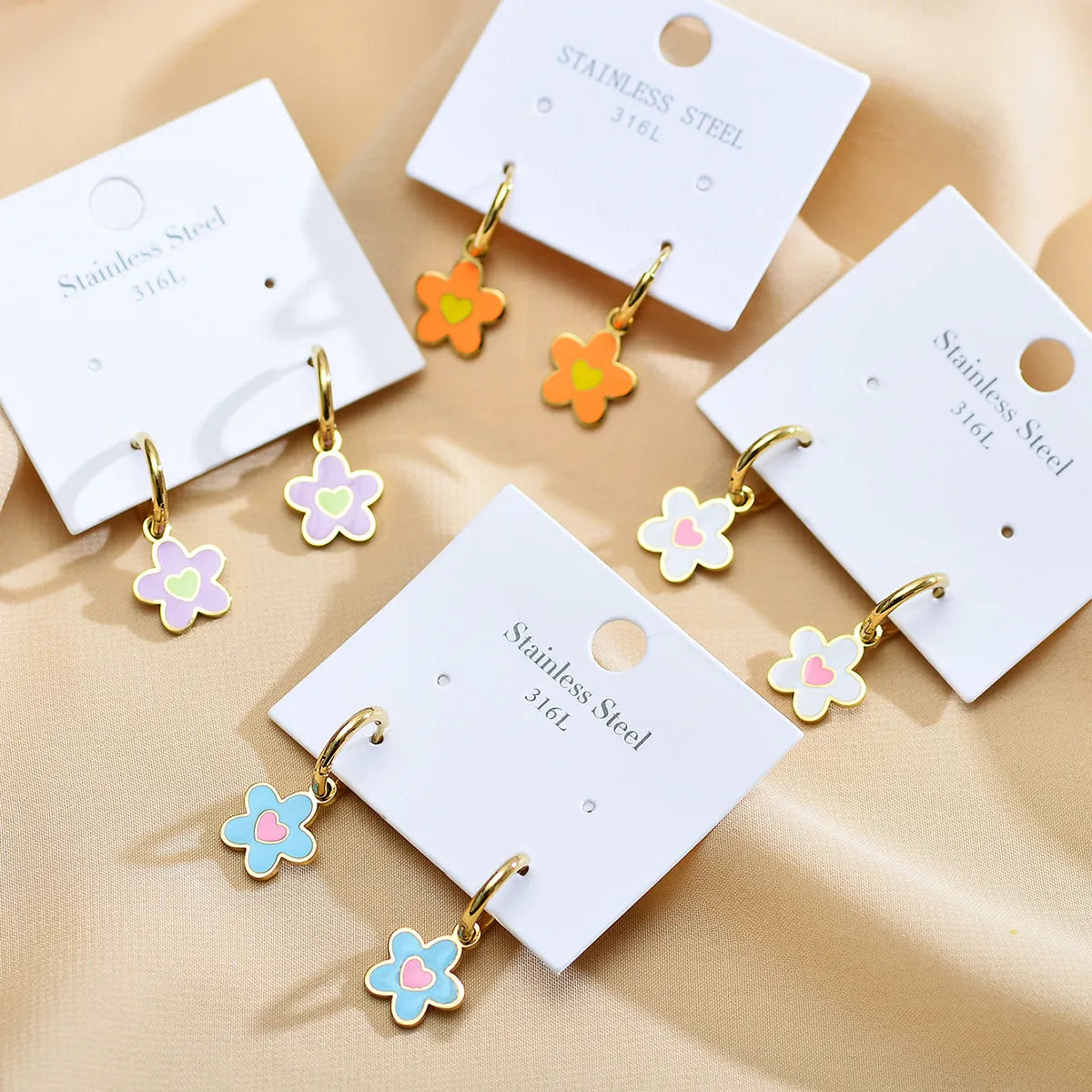 1 Pair Sweet Heart Shape Flower Enamel Plating Stainless Steel Gold Plated Drop Earrings