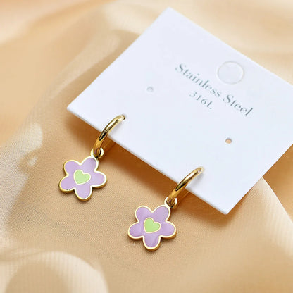 1 Pair Sweet Heart Shape Flower Enamel Plating Stainless Steel Gold Plated Drop Earrings