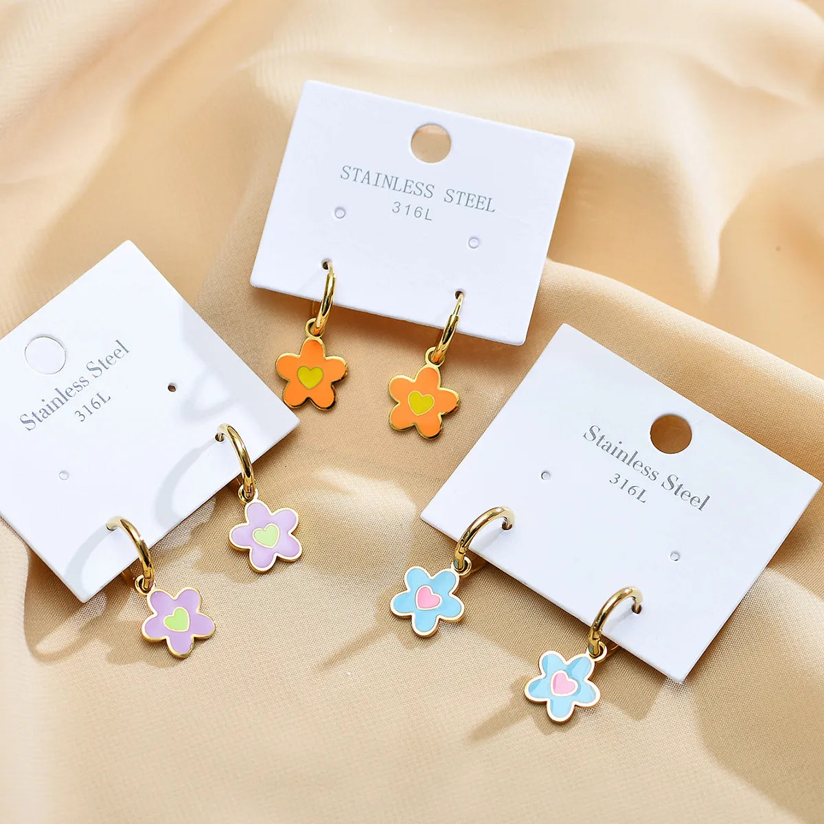 1 Pair Sweet Heart Shape Flower Enamel Plating Stainless Steel Gold Plated Drop Earrings