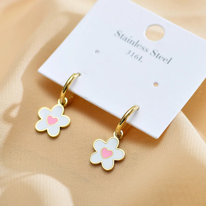 1 Pair Sweet Heart Shape Flower Enamel Plating Stainless Steel Gold Plated Drop Earrings