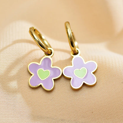 1 Pair Sweet Heart Shape Flower Enamel Plating Stainless Steel Gold Plated Drop Earrings