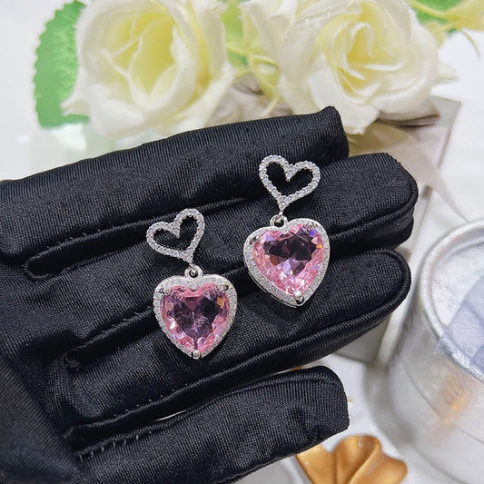 1 Pair Sweet Heart Shape Hollow Out Inlay Copper Zircon Drop Earrings