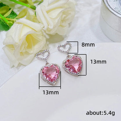 1 Pair Sweet Heart Shape Hollow Out Inlay Copper Zircon Drop Earrings