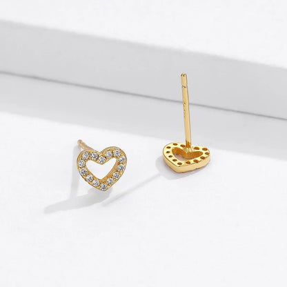 1 Pair Sweet Heart Shape Hollow Out Inlay Sterling Silver Zircon Ear Studs