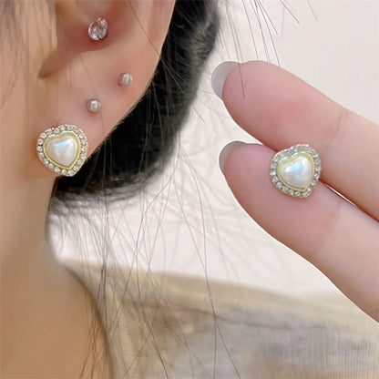 1 Pair Sweet Heart Shape Inlay Alloy Artificial Pearls Zircon Ear Studs