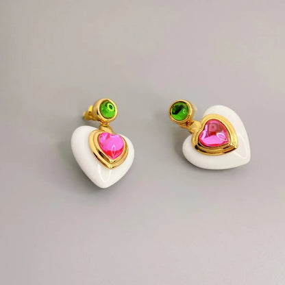 1 Pair Sweet Heart Shape Inlay Copper Artificial Gemstones Drop Earrings