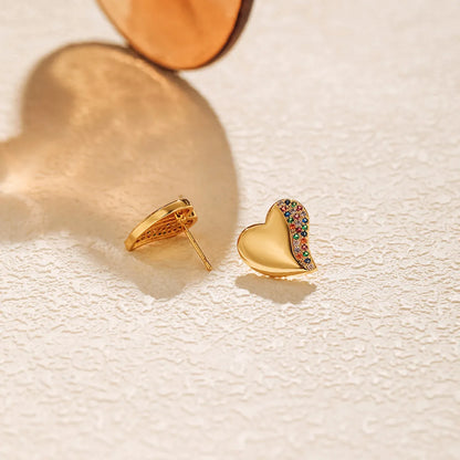 1 Pair Sweet Heart Shape Inlay Copper Zircon 18K Gold Plated Ear Studs