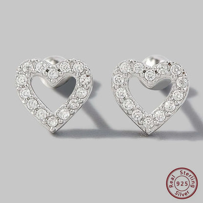 1 Pair Sweet Heart Shape Plating Hollow Out Inlay Sterling Silver Zircon 14k Gold Plated Rose Gold Plated White Gold Plated Ear Studs