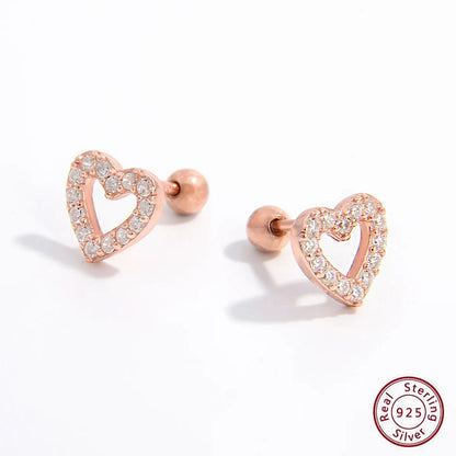 1 Pair Sweet Heart Shape Plating Hollow Out Inlay Sterling Silver Zircon 14k Gold Plated Rose Gold Plated White Gold Plated Ear Studs