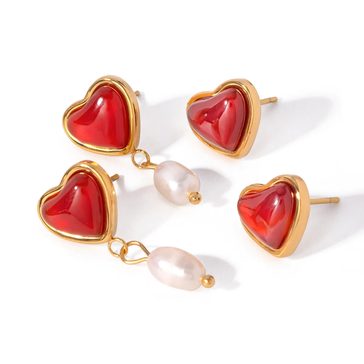 1 Pair Sweet Heart Shape Plating Inlay 304 Stainless Steel Red Agate 18K Gold Plated Drop Earrings