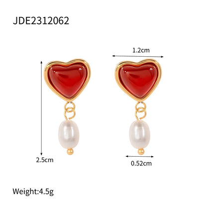 1 Pair Sweet Heart Shape Plating Inlay 304 Stainless Steel Red Agate 18K Gold Plated Drop Earrings