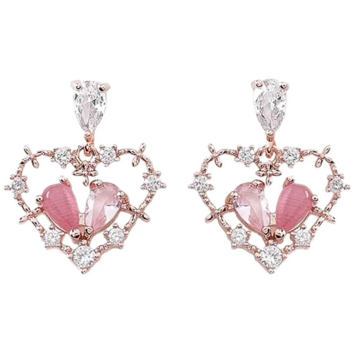 1 Pair Sweet Heart Shape Plating Inlay Alloy Rhinestones Drop Earrings